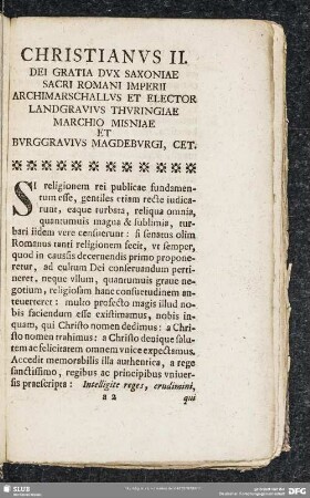 Christianus II. Dei Gratia Dux Saxoniae Sacri Romani Imperii Archimarschllus Et Elector Landgravius Thuringiae Marchio Misniae Et Burggravius Magdeburgi, Cet.