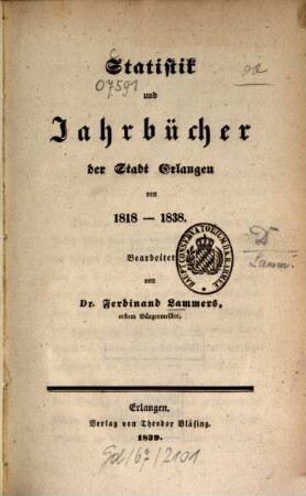 Statistik und Jahrbücher der Stadt Erlangen von 1818 - 1838