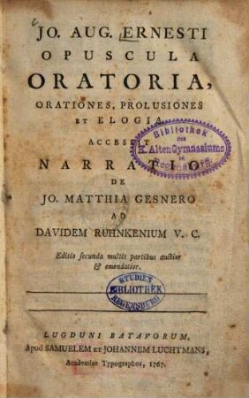 Opuscula oratoria : Orationes, prolusiones et elogia