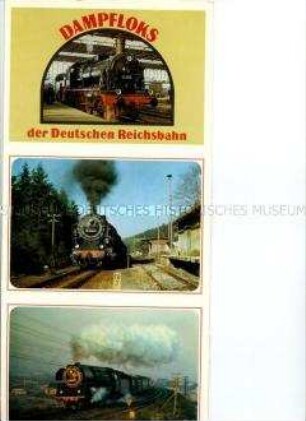Postkartenbogen mit 12 Dampflok-Motiven