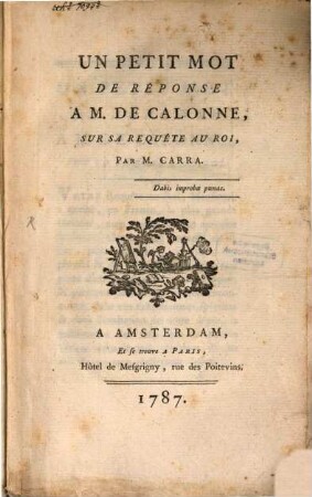 Un Petit Mot De Réponse A M. De Calonne Sur Sa Requête Au Roy