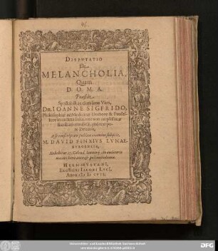 Disputatio De Melancholia