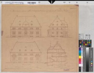Velen (Velen) Schloß Neubau des Archivgebäudes Blatt 8 Ansichten, Schnitt 1923 1 : 100 53 x 67 Pause Franz Schneider, Architekt Landsberg-Velen Nr. 20