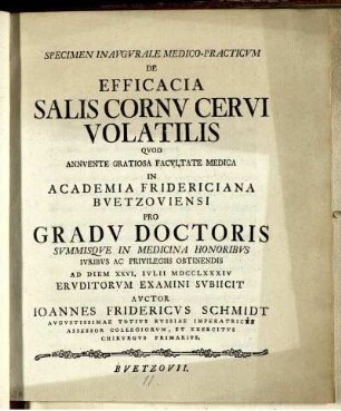 Specimen Inaugurale Medico-Practicum De Efficacia Salis Cornu Cervi Volatilis