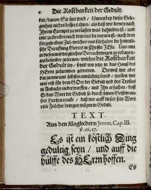 Text. Aus den Klagliedern Jerem. Cap. III. v. 26, 27. / Eingang zu der Predigt