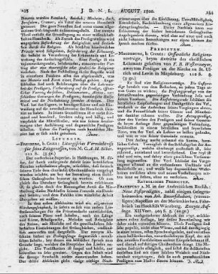 Freyberg, b. Cratz: Liturgisches Vermächtniss für seine Zeitgenossen, von M. C. A. H. Silber. 111 S.