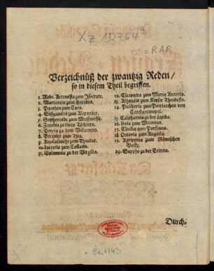 Verzeichnüß der zwantzig Reden/ so in diesem Theil begriffen.