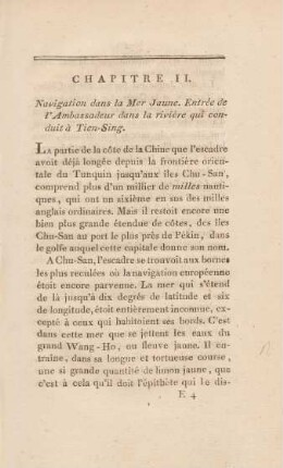 Chapitre II. Navigation dans la Mer Jaune. Entrée de l'Ambassadeur dans la rivière qui conduit à Tien-Sing