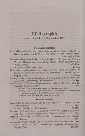 Bibliographie vom 1. Juli bis 1. September 1867.