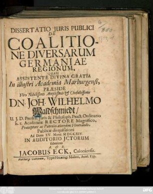 Dissertatio Juris Publici De Coalitione Diversarum Germaniae Regionum
