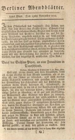 43tes Blatt. Den 19ten November 1810.