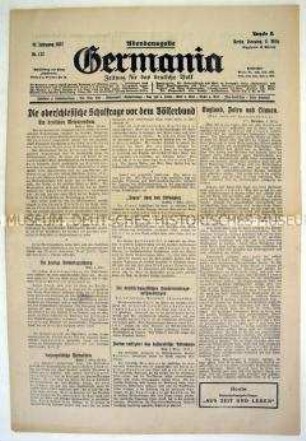 Konservative Tageszeitung "Germania" u.a. zur Sitzung des Völkerbundes