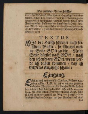 Textus. [...] geschrieben im XLII Psalm/ v. 2. 3. und lautet in unsere Deutsche Sprache übersetzet also: