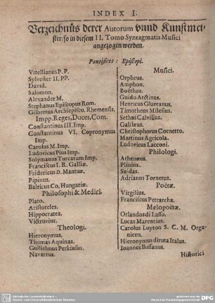 INDEX I. Verzeichnüs derer Autorum unnd Kunstmietser/so in diesem II. Tomo Syntagmatis Musici angezogen werden.
