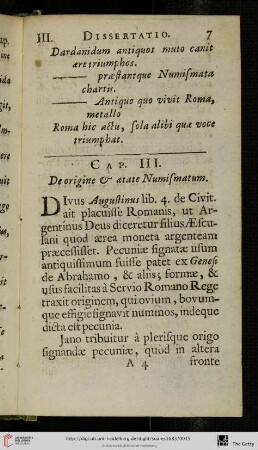 Cad. III: De origine & aetate Numismatum