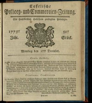 52tes Stueck, Montag den 27ten December 1773