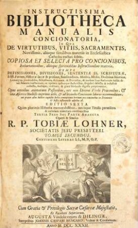 Instructissima Bibliotheca Manualis Concionatoria : In Qua De Virtutibus, Vitiis, Sacramentis, Novissimis, aliisque similibus materiis in Ecclesiastica Cathedra tractari solitis, Copiosa Et Selecta Pro Concionibus, Exhortationibus, aliisque spiritualibus Instructionibus materia, Nempe Definitiones, Divisiones, Sententiae SS. Scripturae ... proponuntur ..., 2. Continens Literas I - P