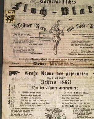 Carnevalistisches Fluch-Blatt für den Algäuer Nord, und Sied-Bund : Kempten 18. Februar 1868