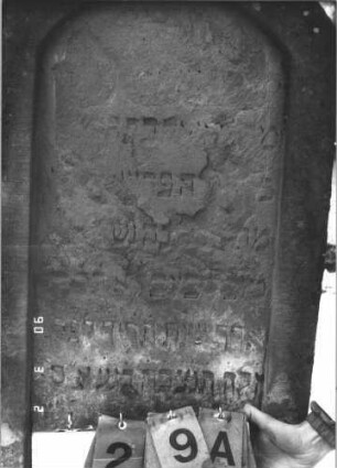 Grabstein 29 (Index: 99608713) Material: Sandstein Zustand: sehr stark verwittert mit sehr großem Textverlust Maße HxBxT: 108x57x11 cm Beschreibung: Stele mit Rundbogen auf Sockel, vertiefter Textteil: Grabstein 29A