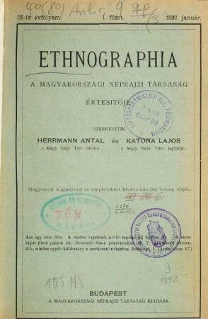 Ethnographia : a Magyar Néprajzi Társaság folyóirata : journal of the Hungarian ethnographic society. 3. 1892
