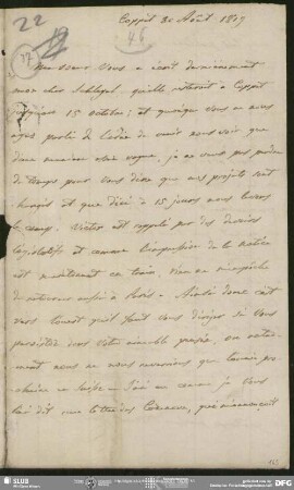 Eigenh. Brief von Auguste Louis de Staël-Holstein an August Wilhelm von Schlegel, Coppet, 30.08.1819