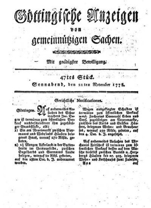 47tes Stück. Sonnabend, den 21ten November 1778.