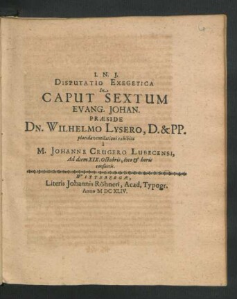 Disputatio Exegetica In Caput Sextum Evang. Johan.