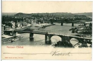 Meißen. Blick zur Elbe mit Brücken und Dampfer "Meißen"