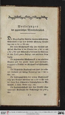 Vorlesungen des gegenwärtigen Winterhalbenjahres