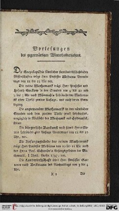Vorlesungen des gegenwärtigen Winterhalbenjahres