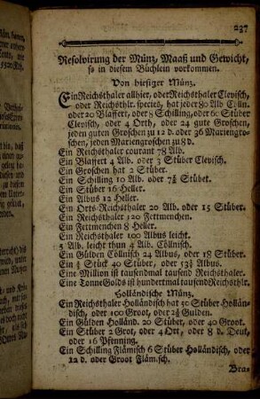 Resolvirung der Münz, Maaß und Gewicht, so in diesem Büchlein vorkommen.