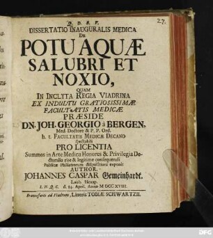 Dissertatio Inauguralis Medica De Potu Aquæ Salubri Et Noxio