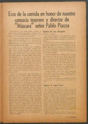 Ecos de la comida en honor de nuestro consocio tesorero y director de "Máscara" señor Pablo Piazza