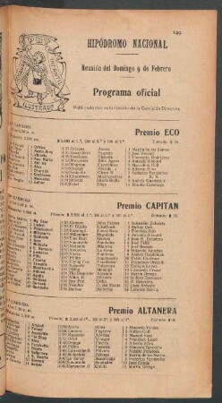 Hipódromo Nacional - Reunión del Domingo 9 de Febrero [de 1908] - Programa oficial
