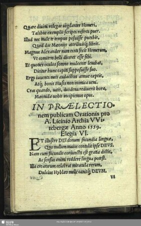 In Praelectionem publicam Orationis pro A. Licinio Archia Witebergae Anno 1559. Elegia VI.