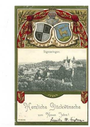 Stadt und Schloss Sigmaringen, darüber die kolorierten Wappen Hohenzollerns und Sigmaringens