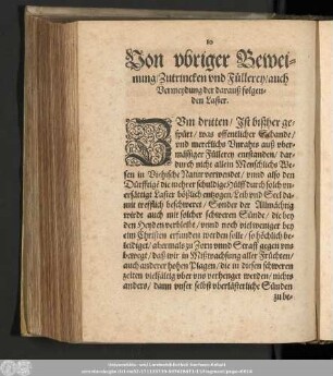 Von ubriger Beweinung/ Zutrincken und Füllerey/ auch Vermeydung der darauß folgenden Laster.