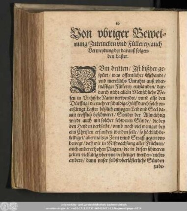 Von ubriger Beweinung/ Zutrincken und Füllerey/ auch Vermeydung der darauß folgenden Laster.