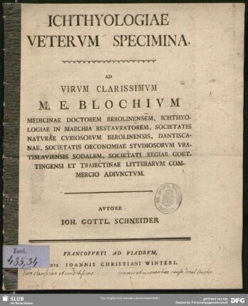 Ichthyologiae Vetervm Specimina : Ad Virum ... M. E. Blochium Medicinae Doctorem Berolinensem ...Adiunctum