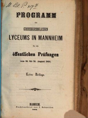 Programm des Grossherzoglichen Lyceums zu Mannheim, 1866