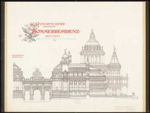 Fürstliche Sommerresidenz Schinkelwettbewerb 1886: Fassade des Theaterbaus von S. Ansicht 1:125