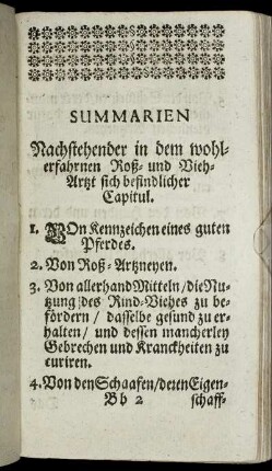 Summarien Nachstehender in dem wohlerfahrnen Roß- und Vieh-Artzt sich befindlicher Capitul.