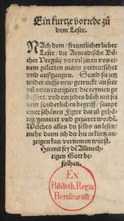 Ein kurtze vorrede zu dem Leser.