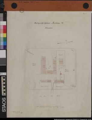Amtsgerichtsgebäude in Fürstenau Bl. 1: "Situationsplan": Amtsgebäude, kathol. Kirche, Gärten Bl. 2 - 5: Dienstwohnung des Amtsrichters und Gerichtsschreibers Bl. 6: Gefängnis. Schnitt, Grundrisse Bl. 7: Wohnung des Gerichtsdieners. Wirtschaftsräume der Amtsrichterwohnung. Schnitte, Grundrisse Ausf.-Art: Farbige Zeichnung Herst.: Niemeyer Format: 48 x 60 cm Maßstab: 1 : 100/500