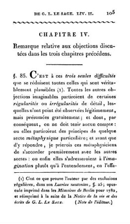 Chapitre IV. Remarque relative aux objections discutées dans les trois chapitres précédens.