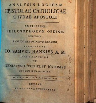 Analysin logicam epistolae catholicae S. Judae Apostoli