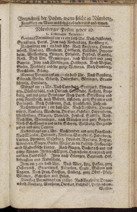 Verzeichniß der Posten, wann solche in Nürnberg, Frankfurt am Mayn und Leipzig abgehen und ankommen.