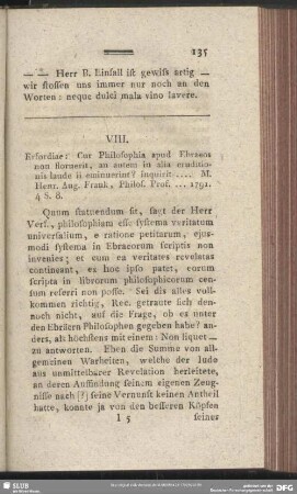 VIII. Erfordiae: Cur Philosophia apud Ebraeos non floruerit, an autem in alia eruditionis laude ii eminuerint? inquirit .... M. Henr. Aug. Frank, Philos. Prof. ... 1791. 4 S. 8.