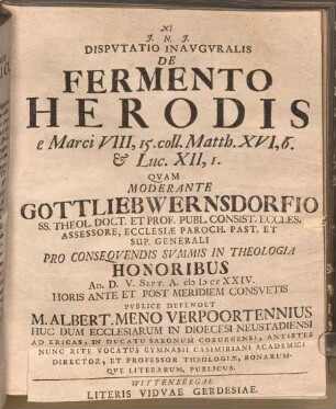 Disp. inaug. de fermento Herodis, e Marc. VIII, 15. coll. Matth. XVI, 6.