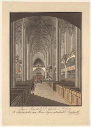 Der Dom St. Marien in Freiberg, Innenansicht zum Altar, rechts im Hintergrund die Tulpenkanzel, mit Widmung für Traugott August Seyffarth (1762-1831)